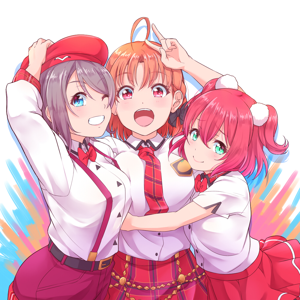 3girls, :d, ahoge, aqua_eyes, belt, beret, black_bow, blue_eyes