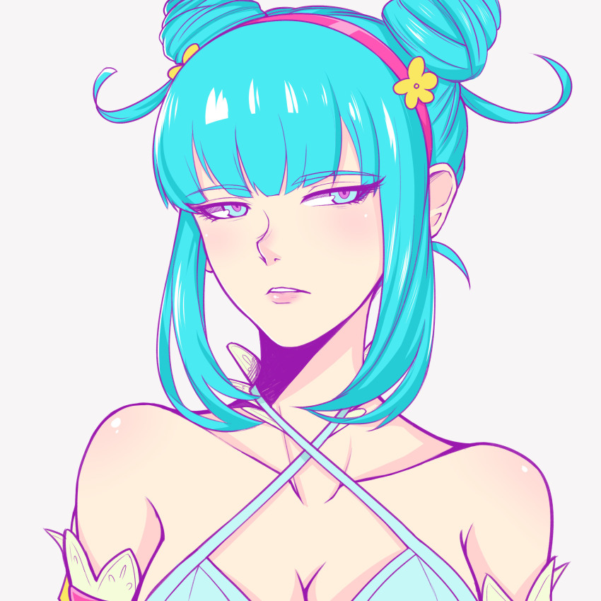 1girl, absurdres, aqua_eyes, aqua_hair, babydoll, bare_shoulders, breasts, cleavage