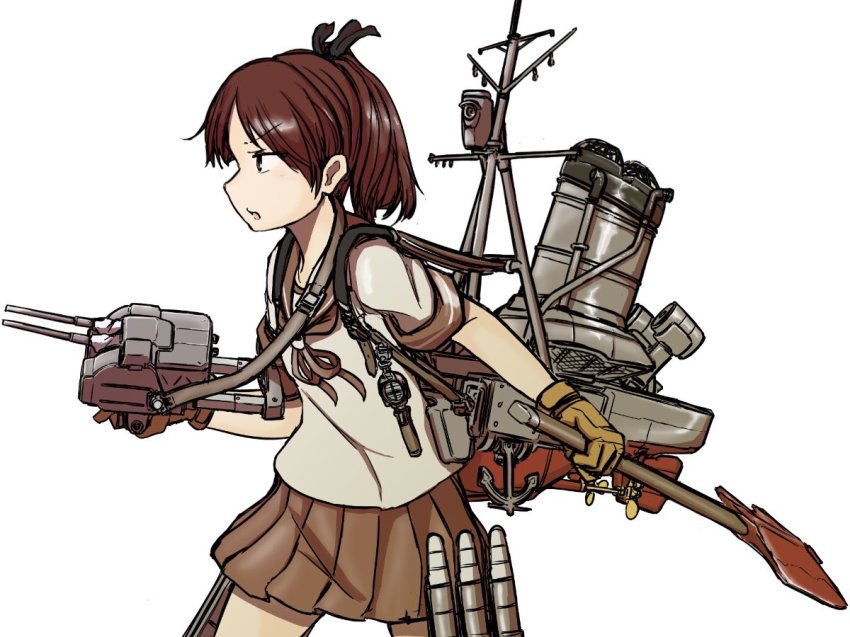 1girl, anchor, axe, brown_hair, brown_neckwear, brown_sailor_collar, brown_skirt, cannon