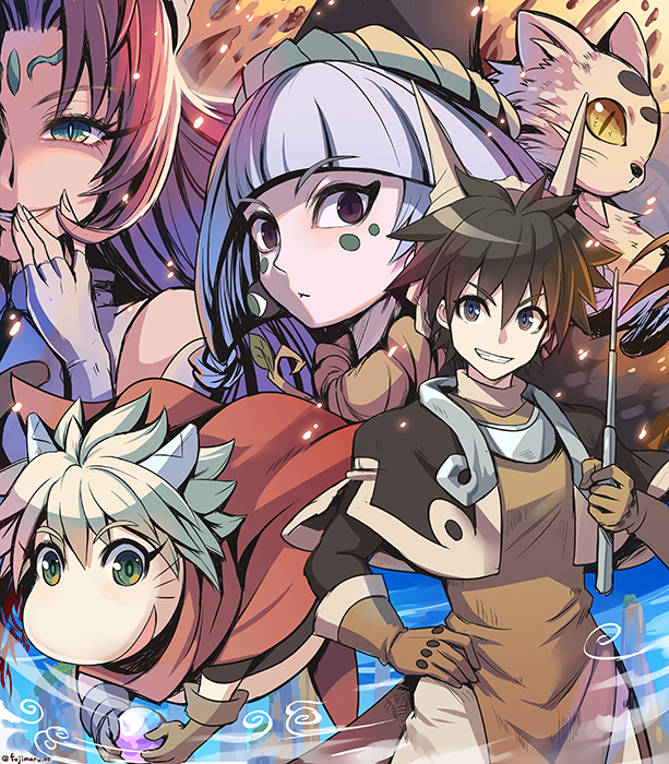 1girl, 2boys, animal, bad_id, bad_pixiv_id, black_eyes, black_hair, cape, cat, closed_mouth, facial_mark, flying, forehead_mark, fujimaru_(green_sparrow), green_eyes, grey_hair, hair_between_eyes, hat, houshin_engi, kokutenkou, long_hair, multiple_boys, open_mouth, scarf, shinkouhyou, smile, so_dakki, stick, suupuushan, taikoubou, white_hair, yellow_eyes