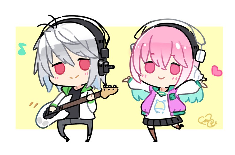 1boy, 1girl, antenna_hair, black_skirt, company_connection, guitar, headphones, instrument, jacket, letterman_jacket, long_hair, mascot, miniskirt, minoa_(lastswallow), naitou-kun, nitro+_chiral, nitroplus, pink_eyes, pink_hair, pink_jacket, pleated_skirt, red_eyes, shirt, silver_hair, skirt, smile, super_sonico, t-shirt, thighhighs, virtual_youtuber, white_jacket