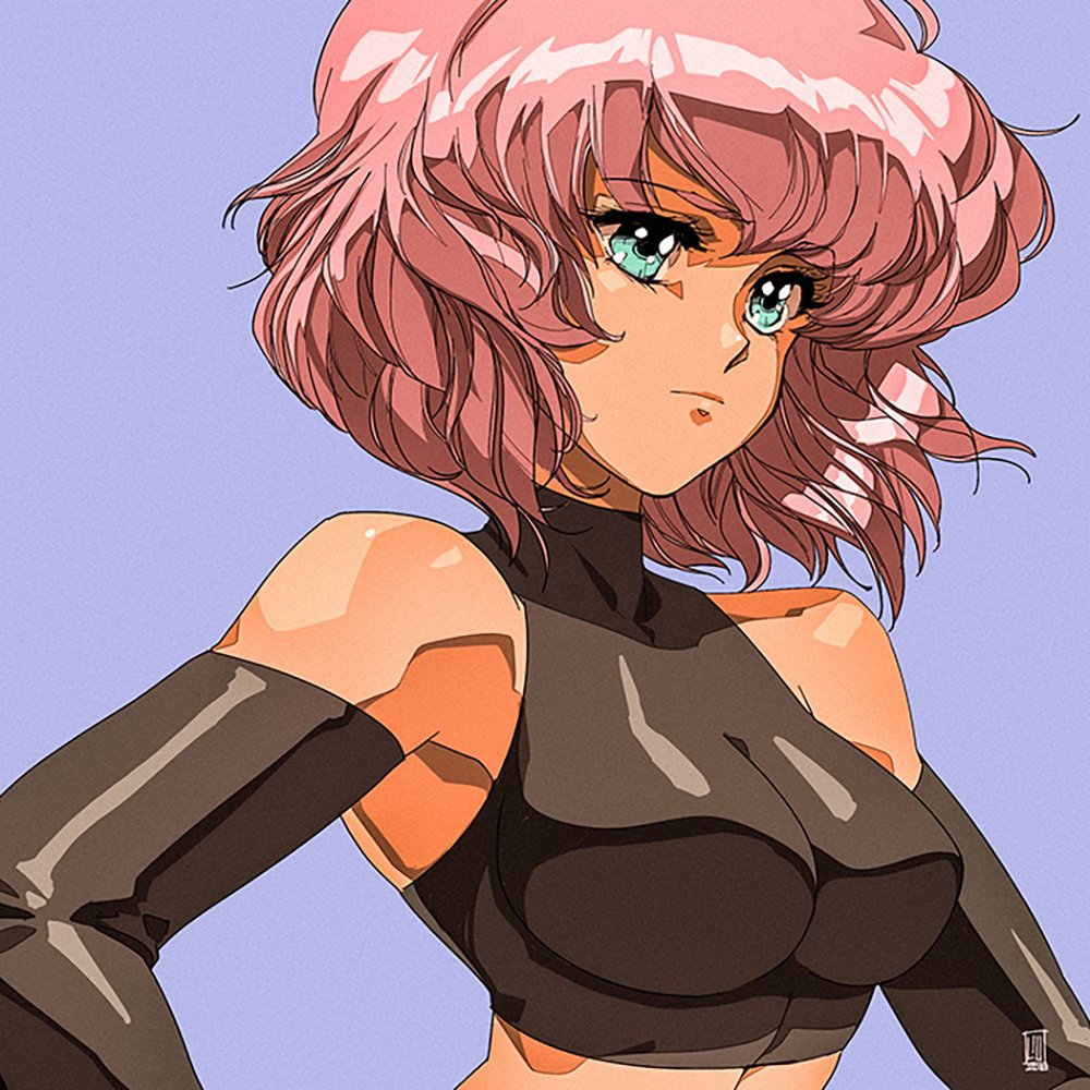 1990s_(style), 1girl, aqua_eyes, black_gloves, blue_background, breasts, close-up, commentary