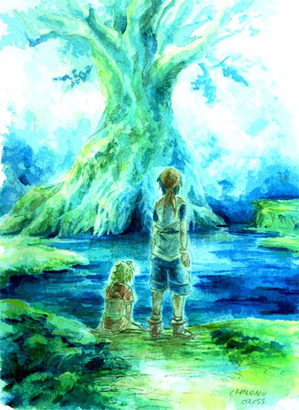 1boy, 1girl, bandana, blonde_hair, blue_hair, blue_theme, chrono_cross, commentary_request