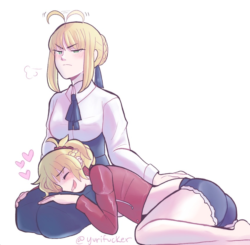 2girls, ahoge, ahoge_wag, artoria_pendragon_(fate), ascot, ass, bad_id, bad_pixiv_id, barefoot, blonde_hair, blue_ascot, blue_ribbon, blush, braid, breath, bright_pupils, bun_with_braided_base, collared_shirt, cropped_jacket, drooling, expressive_hair, fate/apocrypha, fate_(series), frown, green_eyes, hair_bun, hair_ribbon, hair_wagging, half_up_braid, heart, henemimi, jacket, lap_pillow, leather, leather_jacket, long_sleeves, mordred_(fate), mordred_(fate/apocrypha), mordred_(memories_at_trifas)_(fate), mother_and_child, mother_and_daughter, multiple_girls, parent_and_child, red_jacket, ribbon, saber_(fate), seiza, shirt, short_shorts, shorts, sitting, torn_clothes, torn_shorts, twitter_username, white_background