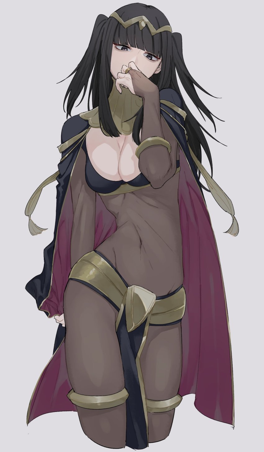 1girl, black_eyes, black_hair, bracelet, breasts, bridal_gauntlets, cape, cleavage, cropped_legs, elbow_gloves, female_focus, fire_emblem, fire_emblem_awakening, gloves, grey_background, highres, itou_(very_ito), jewelry, long_hair, looking_at_viewer, matching_hair/eyes, medium_breasts, navel, nintendo, ring, simple_background, solo, tharja_(fire_emblem), thighhighs, thighlet, twintails, two_side_up