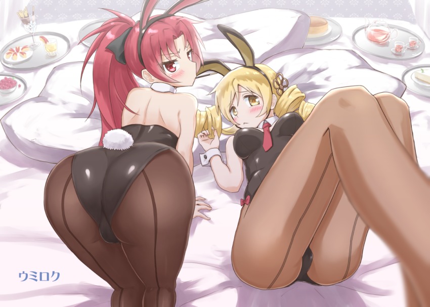 2girls, all_fours, animal_ears, apple_rabbit, ass, bare_shoulders, bed_sheet, black_leotard