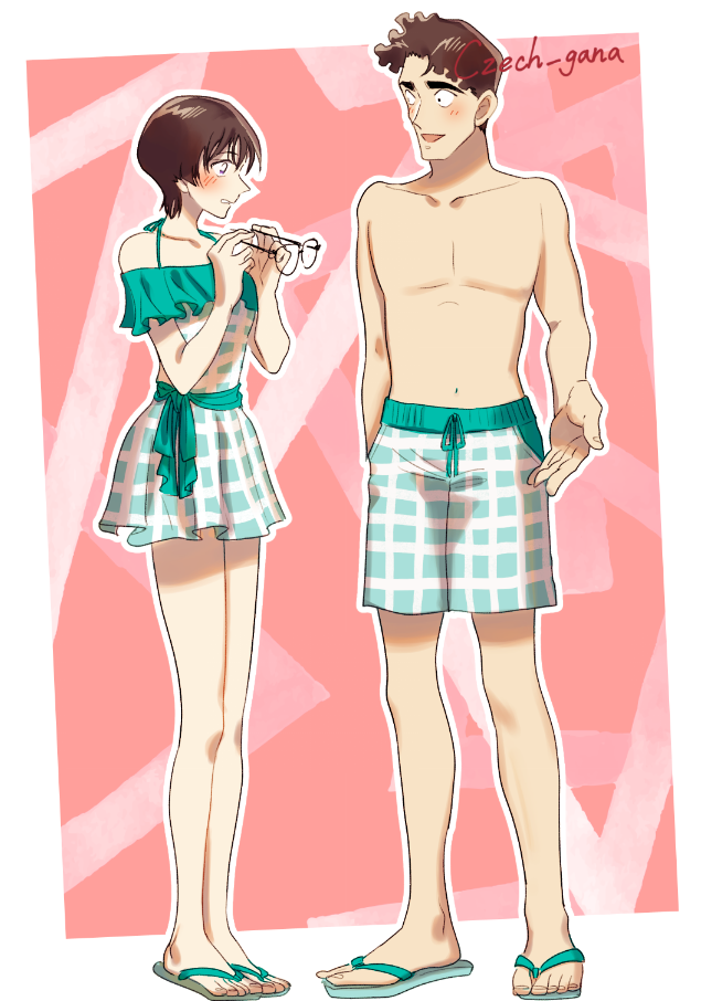 1boy, 1girl, :d, artist_name, blush, brown_hair, collarbone, couple