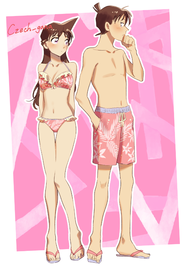 1boy, 1girl, arms_behind_back, artist_name, bikini, blush, bow, bow_bikini, breasts, brown_hair, cleavage, collarbone, couple, czech_gana, drawstring, flip-flops, floral_bikini, floral_print, floral_swimsuit, frilled_bikini, frills, full_body, hand_in_pocket, kudou_shin'ichi, leaf_print, long_hair, looking_at_another, looking_to_the_side, male_swimwear, medium_breasts, meitantei_conan, midriff, mouri_ran, navel, pink_background, pink_bikini, pink_eyes, pink_male_swimwear, pink_swim_trunks, pointy_hair, print_bikini, print_male_swimwear, print_swim_trunks, print_swimsuit, sandals, standing, swim_trunks, swimsuit, topless_male, yellow_bow