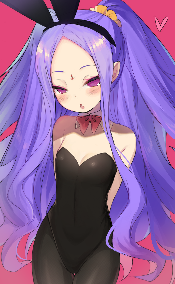 1girl, animal_ears, arms_behind_back, black_leotard, black_pantyhose, blush, breasts, cleavage, commentary_request, covered_navel, detached_collar, facial_mark, fake_animal_ears, fate/grand_order, fate_(series), female_focus, forehead_mark, hairband, kirie_nozomi, leotard, long_hair, open_mouth, pantyhose, playboy_bunny, purple_eyes, purple_hair, rabbit_ears, scrunchie, small_breasts, solo, strapless, strapless_leotard, two_side_up, very_long_hair, wu_zetian_(fate)