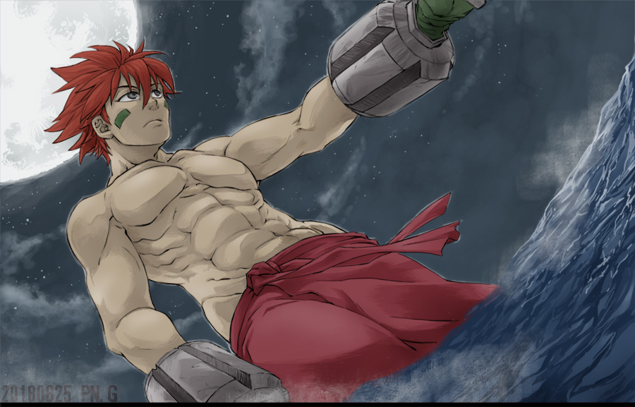 1boy, abs, bad_id, bad_pixiv_id, brass_knuckles, facial_mark, full_moon, grey_eyes