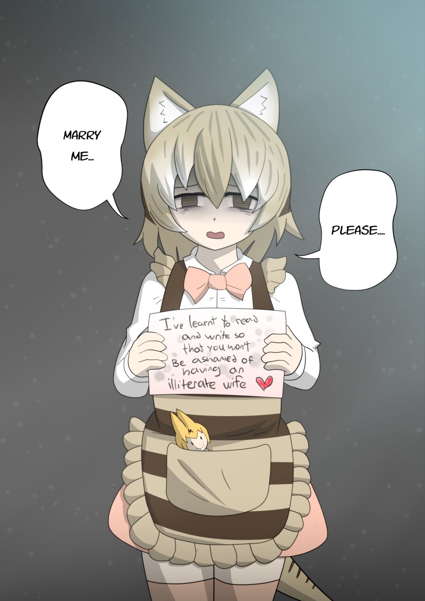 10s, 1girl, animal_ears, apron, arkeden_razeare, bags_under_eyes, bow, bowtie, brown_eyes, character_doll, commentary, doll, empty_eyes, english_text, female_focus, hair_between_eyes, highres, kemono_friends, light_brown_hair, long_sleeves, looking_at_viewer, multicolored_hair, open_mouth, serval_(kemono_friends), shirt, short_hair, skirt, solo, speech_bubble, standing, thighhighs, thylacine_(kemono_friends), thylacine_ears, thylacine_tail, white_hair