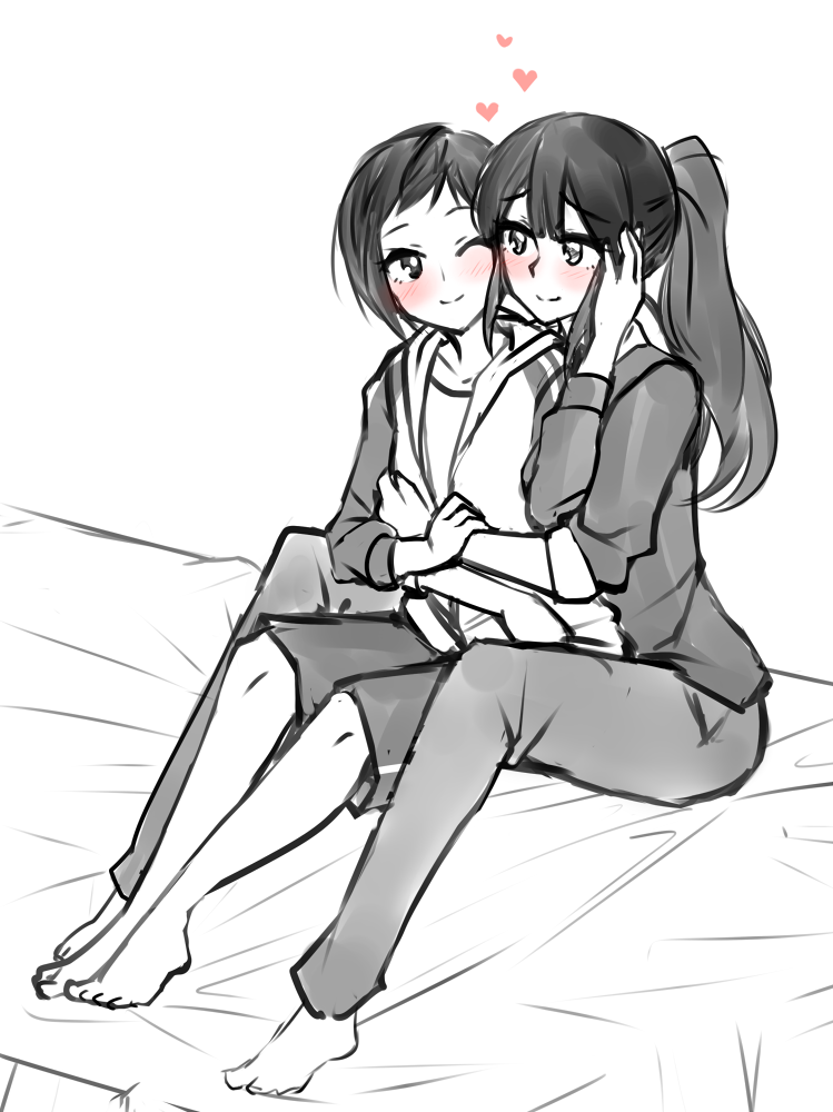 2girls, barefoot, blush, commentary, greyscale, heart, hug, hug_from_behind