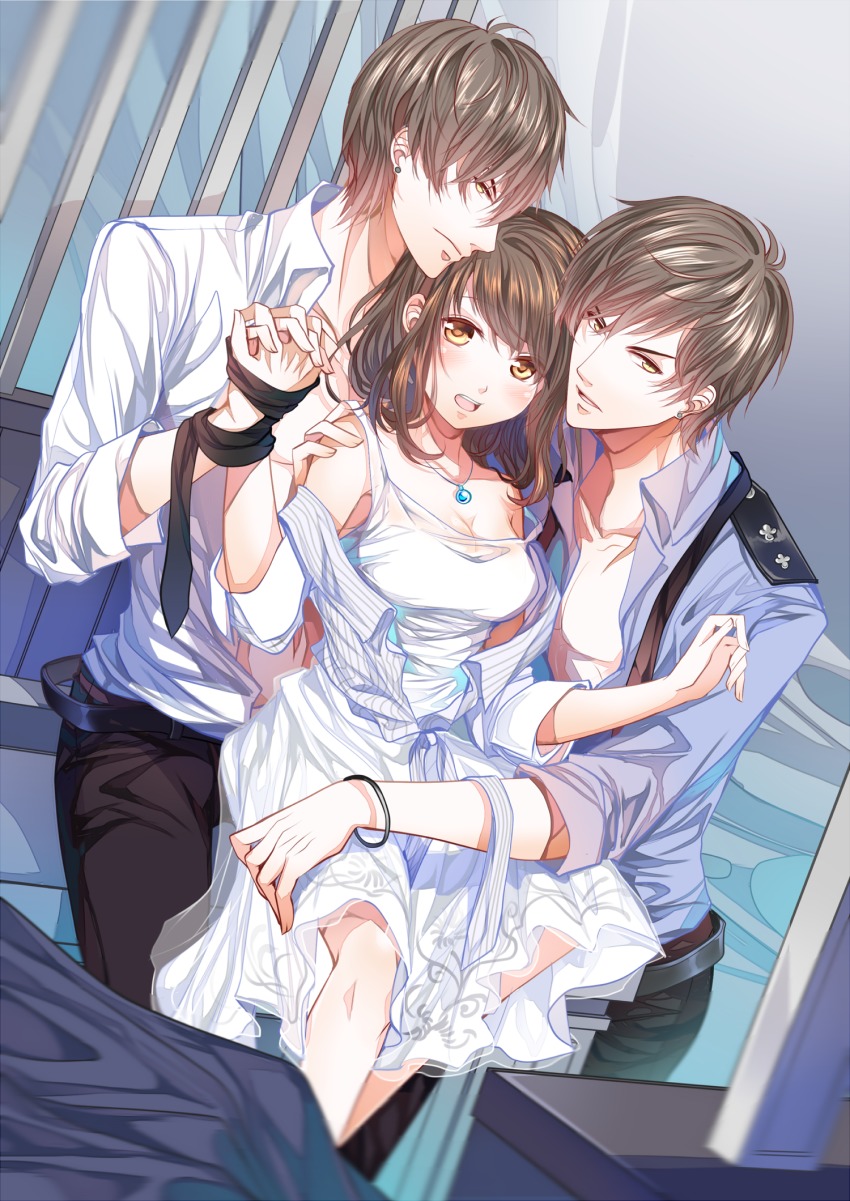 1girl, 2boys, black_pants, black_ribbon, blue_shirt, bracelet, breasts, brown_eyes, brown_hair, cleavage, dress, dress_shirt, earrings, hand_grab, hand_on_another's_shoulder, highres, holding_hands, indoors, interlocked_fingers, jewelry, looking_at_viewer, love_and_producer, medium_breasts, multiple_boys, necklace, open_mouth, original, pants, reku_(pixiv3677982), ribbon, shirt, sleeveless, sleeveless_dress, white_dress, white_shirt