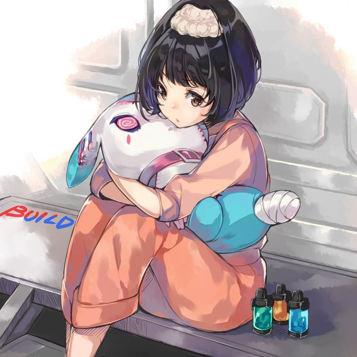 1girl, bandages, black_hair, brown_eyes, chiko_(mizuho), collar, commentary_request, copyright_name, english_text, female_focus, hugging_object, isurugi_misora, kamen_rider, kamen_rider_build_(series), long_sleeves, pajamas, ponytail, short_hair, sidelocks, sitting, sleeves_rolled_up, solo, stuffed_toy