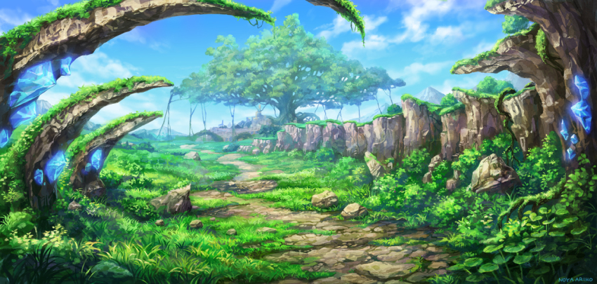 artist_name, blue_sky, cloud, crystal, day, fantasy, giant_tree, grass, no_humans, noyaariho, original, outdoors, plant, plant_roots, road, rock, scenery, sky, tree, vines