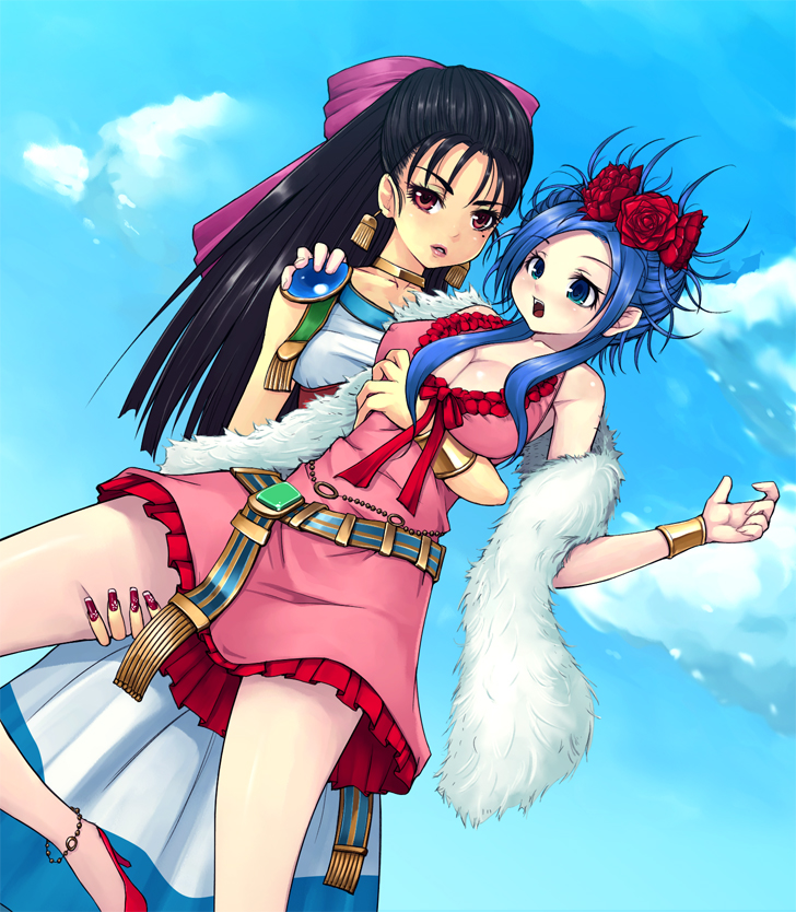 2girls, alternate_hairstyle, bad_id, bad_pixiv_id, black_hair, blue_eyes, blue_hair, bow, breasts, cleavage, cloud, cosplay, costume_switch, day, deborah_(cosplay), deborah_(dq5), dragon_quest, dragon_quest_v, earrings, flora_(cosplay), flora_(dq5), flower, hair_bow, hair_flower, hair_ornament, half_updo, jewelry, large_breasts, mahito, mole, mole_under_eye, multiple_girls, pink_bow, red_eyes, rose, siblings, sisters, sky, yuri