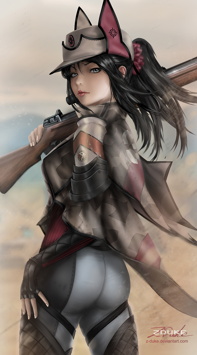 1girl, ass, black_hair, boots, breasts, duke, female_focus, fingerless_gloves, gloves, grey_eyes, gun, hat, highres, kai_schren, long_hair, looking_at_viewer, looking_back, medium_breasts, military, military_uniform, pants, ponytail, rifle, senjou_no_valkyria_(series), senjou_no_valkyria_4, sniper_rifle, solo, standing, weapon, zduke