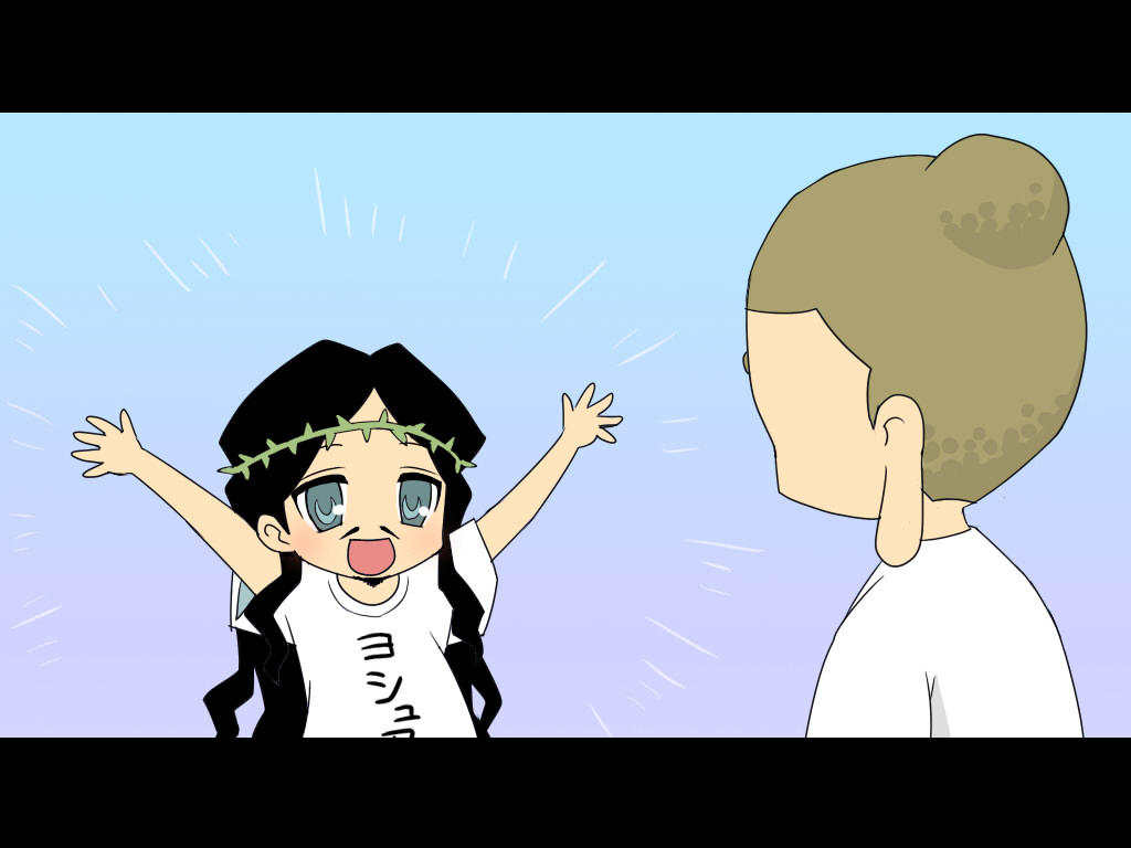 2boys, buddha, buddha_(saint_onii-san), jesus, jesus_(saint_onii-san), letterboxed, long_earlobes, lucky_star