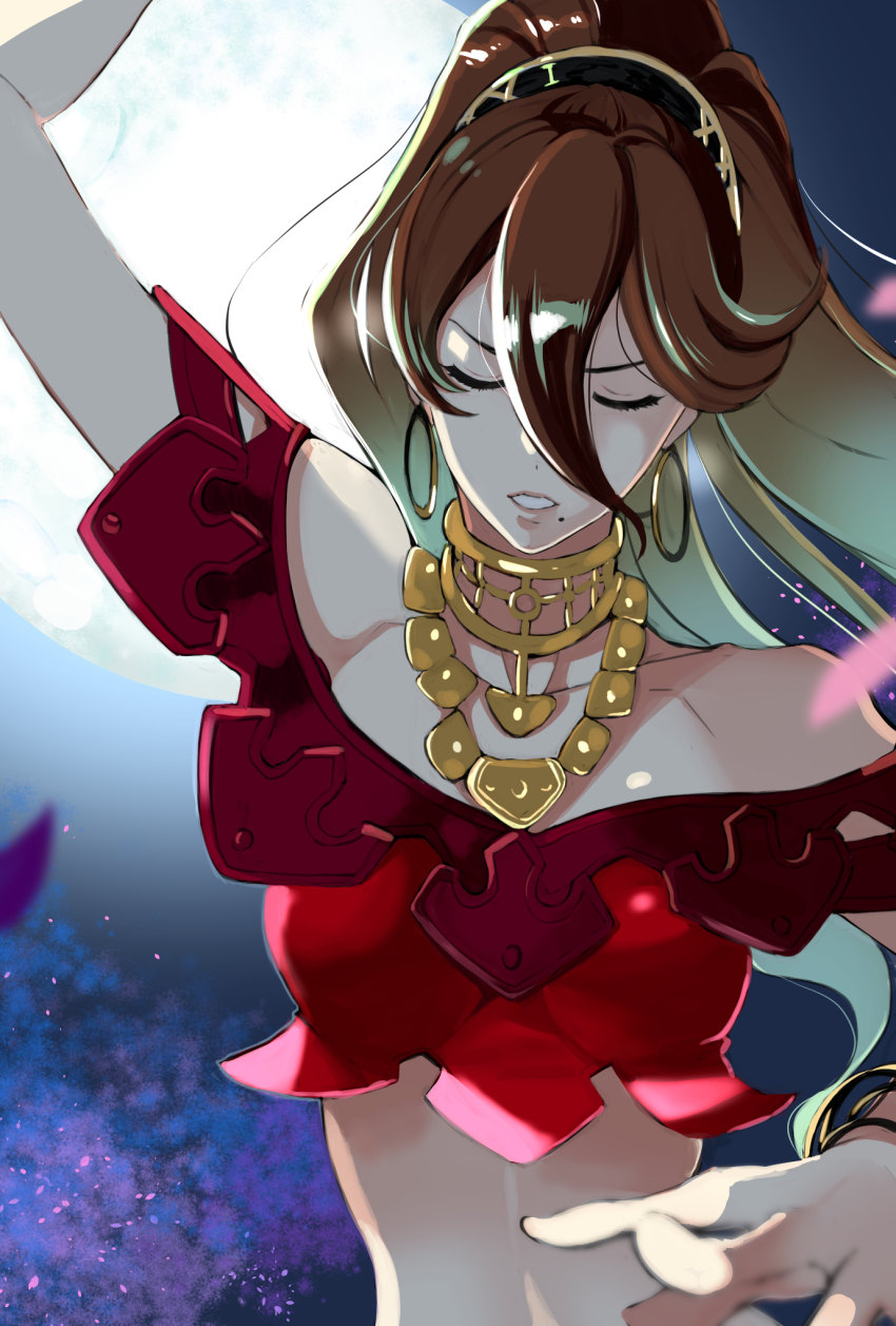 1girl, arm_up, bare_shoulders, bracelet, breasts, brown_hair, closed_eyes, dancer, earrings, female_focus, full_moon, hair_between_eyes, hairband, highres, hoop_earrings, jewelry, lips, long_hair, maodaisuke, medium_breasts, mole, mole_under_mouth, moon, necklace, night, octopath_traveler, octopath_traveler_i, ponytail, primrose_azelhart, sky, solo, strapless, tube_top, upper_body