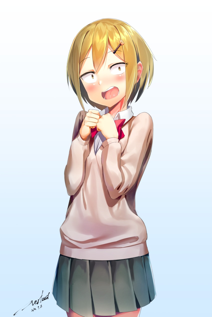 :o, artist_name, black_skirt, blonde_hair, blue_background, blush, bow, brown_eyes, dated, echizen_(tanakeda), embarrassed, gradient_background, hair_ornament, hairclip, hands_up, highres, looking_at_viewer, overlord_(overlord80000), pleated_skirt, red_bow, school_uniform, short_hair, simple_background, skirt, solo, standing, tanaka-kun_wa_itsumo_kedaruge