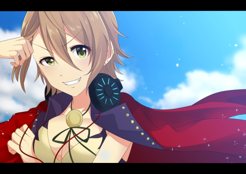 1girl, absurdres, aki_no_suke_p, bikini, bikini_top_only, blue_sky, blurry, blurry_background