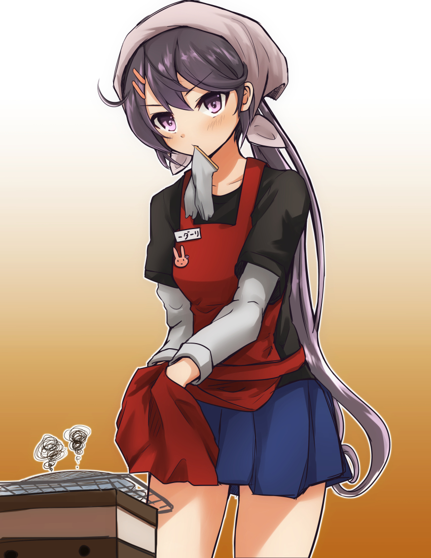 1girl, absurdres, ahoge, akebono_(kancolle), apron, black_shirt, blue_skirt, blush