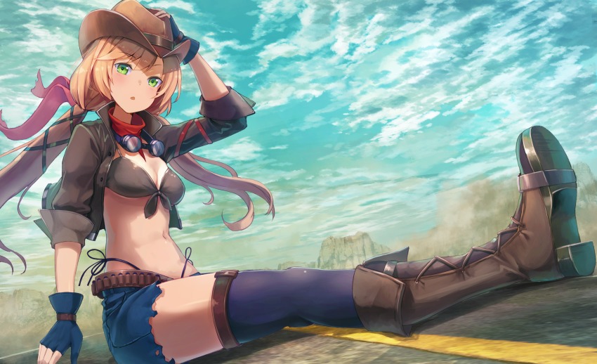 1girl, absurdres, arm_up, belt, bikini, bikini_top_only, black_bikini, black_jacket, blonde_hair, blue_gloves, blue_sky, boots, breasts, brown_boots, brown_hat, buttons, cleavage, cloud, cloudy_sky, commentary, cowboy_hat, cropped_jacket, day, dutch_angle, female_focus, front-tie_bikini_top, front-tie_top, full_body, gloves, goggles, goggles_around_neck, green_eyes, hair_ribbon, hand_on_headwear, handkerchief, hat, highleg, highleg_bikini, highres, huge_filesize, iron_saga, jacket, lace-up_boots, long_hair, long_sleeves, looking_at_viewer, low_twintails, mountain, navel, open_clothes, open_jacket, outdoors, parted_lips, partially_fingerless_gloves, purple_thighhighs, ribbon, road, short_shorts, shorts, side-tie_bikini_bottom, sitting, sky, sleeves_rolled_up, small_breasts, smoke, solo, swimsuit, tessa_(iron_saga), thighhighs, torn_clothes, twintails, tysha_(iron_saga), yu_ni_t