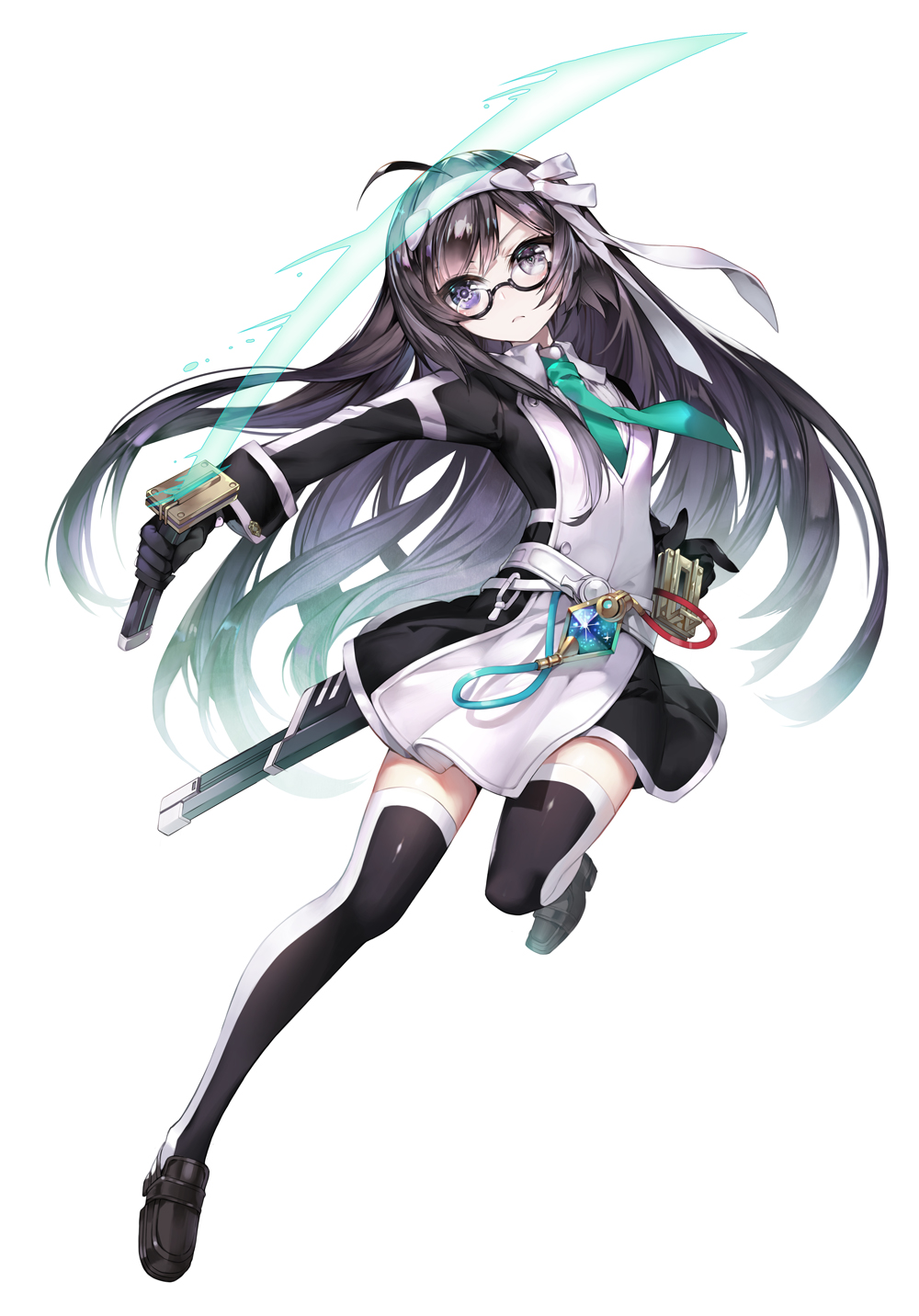 1girl, 909_(kagetsu99), ahoge, aqua_neckwear, black-framed_eyewear, black_footwear, black_hair, black_thighhighs