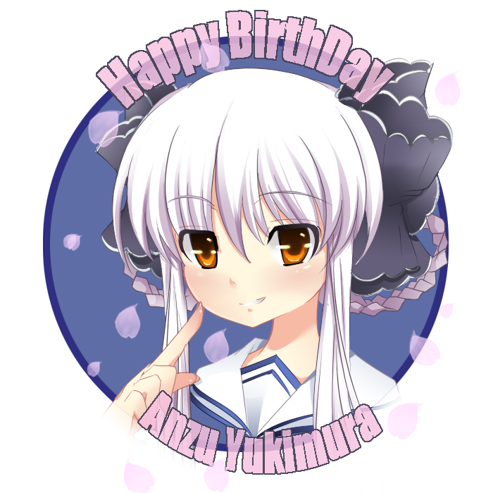 00s, bad_id, bad_pixiv_id, braid, braided_hair_rings, da_capo, da_capo_ii, grin, hair_ribbon, hair_rings, orange_eyes, pointing, ribbon, smile, solo, twin_braids, white_hair, yukimoto, yukimura_anzu