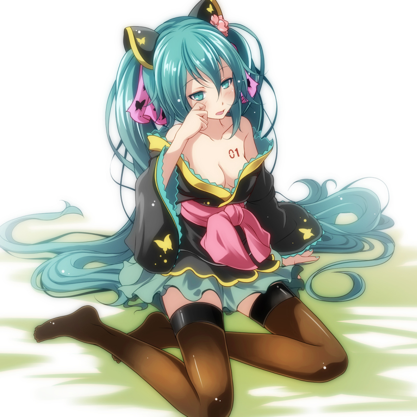 1girl, aqua_eyes, aqua_hair, bad_id, bad_pixiv_id, bare_shoulders, blush, breast_tattoo