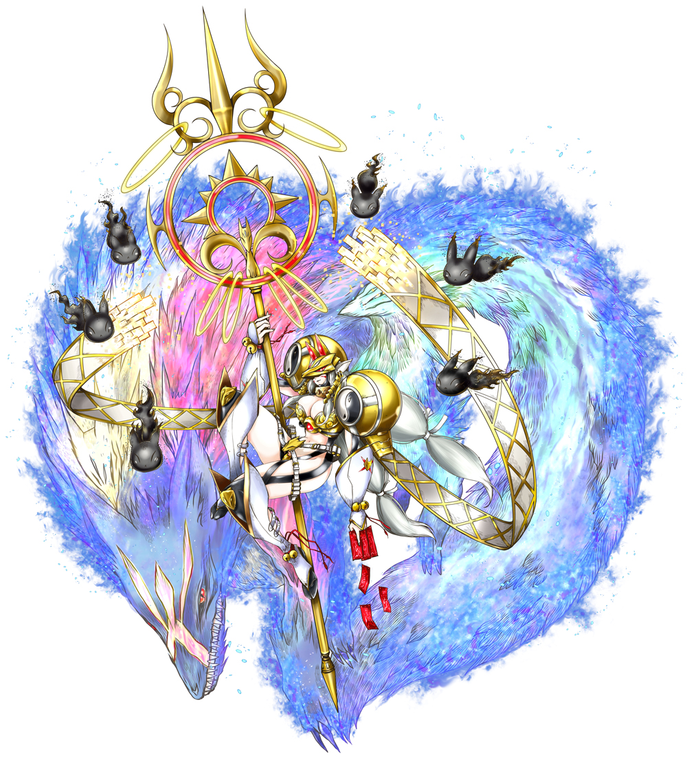 1girl, animal_ears, armor, aura, bandai, bikini_armor, bodysuit, breasts