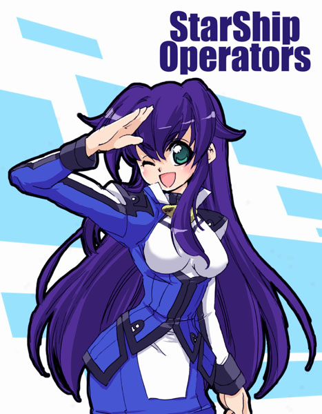 00s, blue_hair, green_eyes, kouzuki_shinon, long_hair, one_eye_closed, salute, solo, starship_operators, tessai, wink