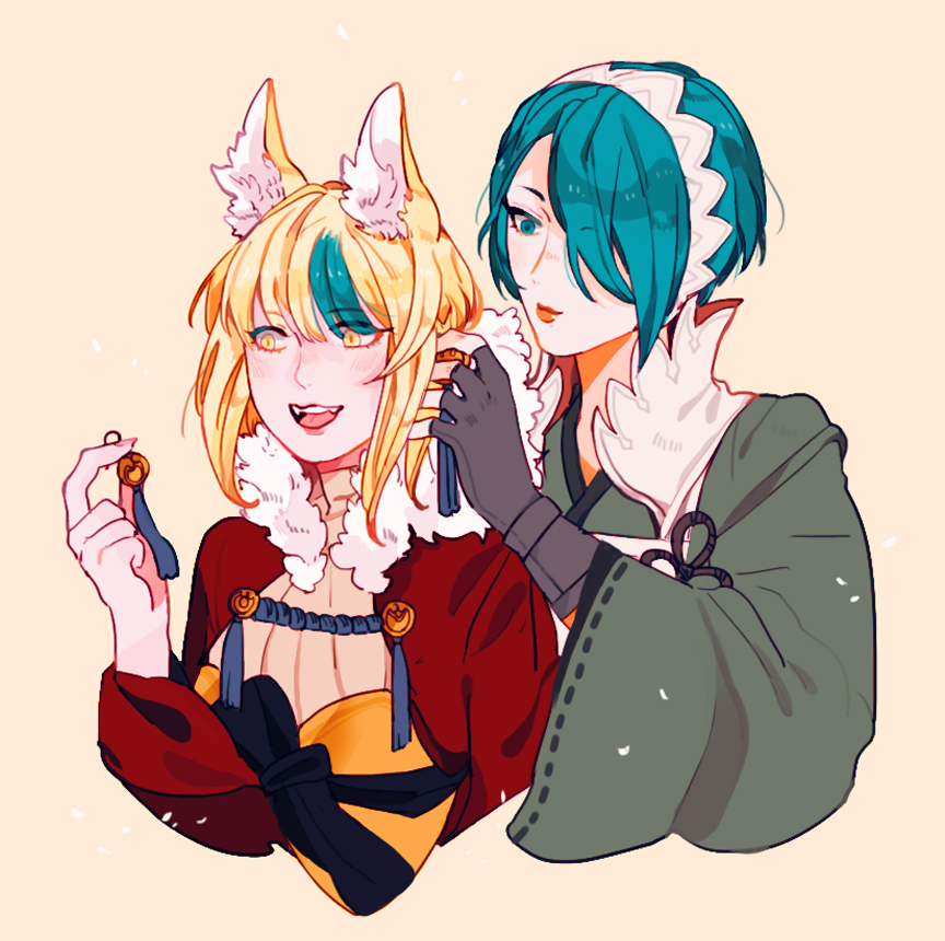 2girls, animal_ears, beige_background, blonde_hair, blue_eyes, blue_hair, cropped_torso, duckhymn