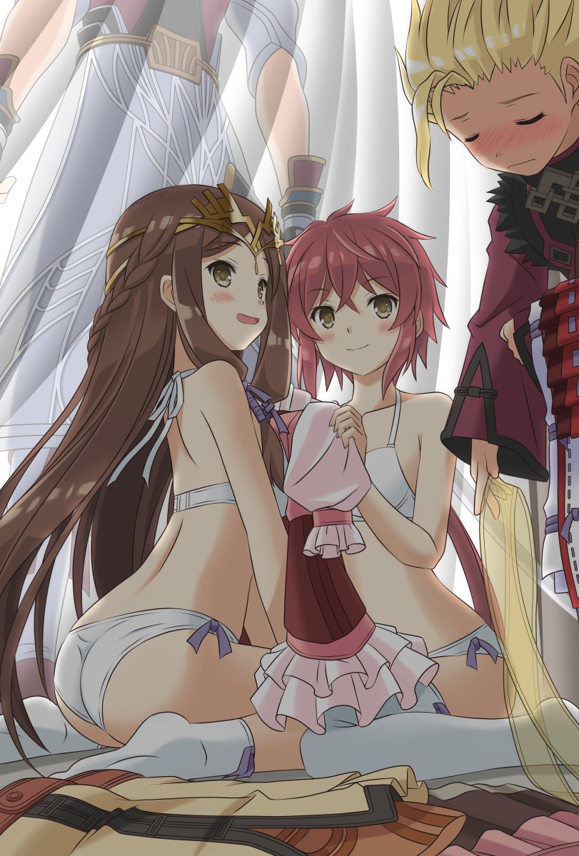 1boy, 2girls, armor, ass, blonde_hair, blush, bra, dress, fan_la_norne, highres, holding, jin_(xenoblade), long_hair, looking_at_viewer, lora_(xenoblade), mikhail_(xenoblade), multiple_girls, nintendo, panties, parted_lips, red_hair, s_k_nyanpako, short_hair, simple_background, underwear, xenoblade_chronicles_(series), xenoblade_chronicles_2, xenoblade_chronicles_2:_torna_-_the_golden_country, yellow_eyes