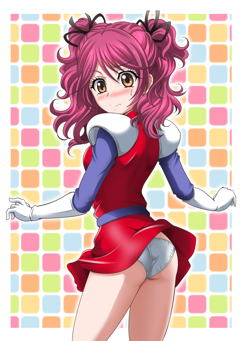 1girl, armor, ass, belt, black_ribbon, blush, brown_eyes, cheria_barnes, cosplay, dress, female_focus, from_behind, gloves, hair_between_eyes, hair_ribbon, hanzou, kanda_momo, kanda_momo_(cosplay), long_hair, looking_at_viewer, looking_back, namco, panties, pauldrons, purple_sleeves, red_dress, red_hair, ribbon, short_dress, shoulder_armor, solo, standing, sweatdrop, tales_of_(series), tales_of_graces, twintails, underwear, white_gloves, white_panties, wonder_momo