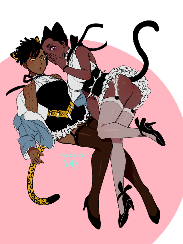 2boys, 2girls, animal_ears, animification, ass, black_hair, black_legwear, black_panther_(marvel), black_panther_(movie), black_panther_(series), cat_ears, cat_tail, crossdressing, dark-skinned_female, dark_skin, dated, dress, full_body, genderswap, genderswap_(mtf), kemonomimi_mode, killmonger, marvel, multiple_boys, multiple_girls, short_hair, signature, skaky, t'challa, tail, thighhighs, trap, white_legwear