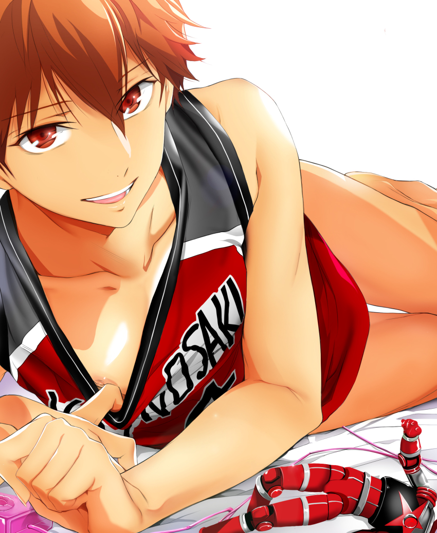 1boy, basketball_uniform, brown_hair, clothes_pull, ensemble_stars!, highres, jersey, kei1_833