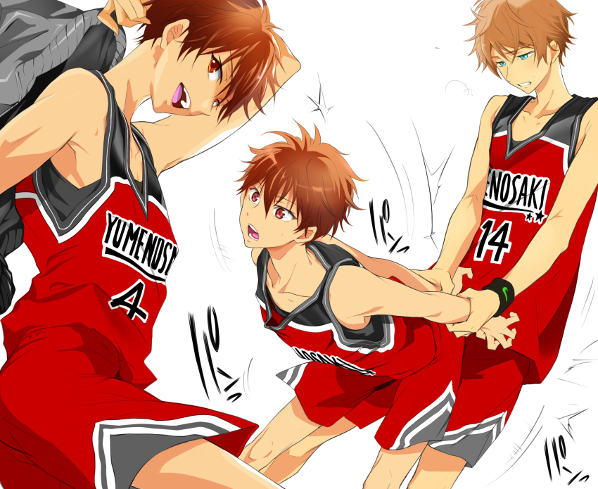 2boys, basketball_uniform, blue_eyes, brown_hair, dry_humping, ensemble_stars!, highres, holding_another's_wrist, humping, kei1_833, male_focus, morisawa_chiaki, multiple_boys, open_mouth, red_eyes, shorts, simple_background, smile, sportswear, takamine_midori, white_background