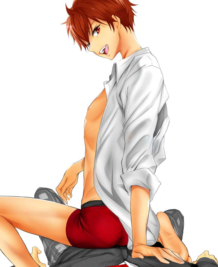 2boys, :p, ass, boxer_briefs, brown_hair, ensemble_stars!, highres, kei1_833, looking_at_viewer, looking_back, male_focus, male_underwear, morisawa_chiaki, multiple_boys, open_clothes, open_shirt, pov, red_eyes, shirt, simple_background, sitting, smile, tongue, tongue_out, underwear, white_background, yaoi