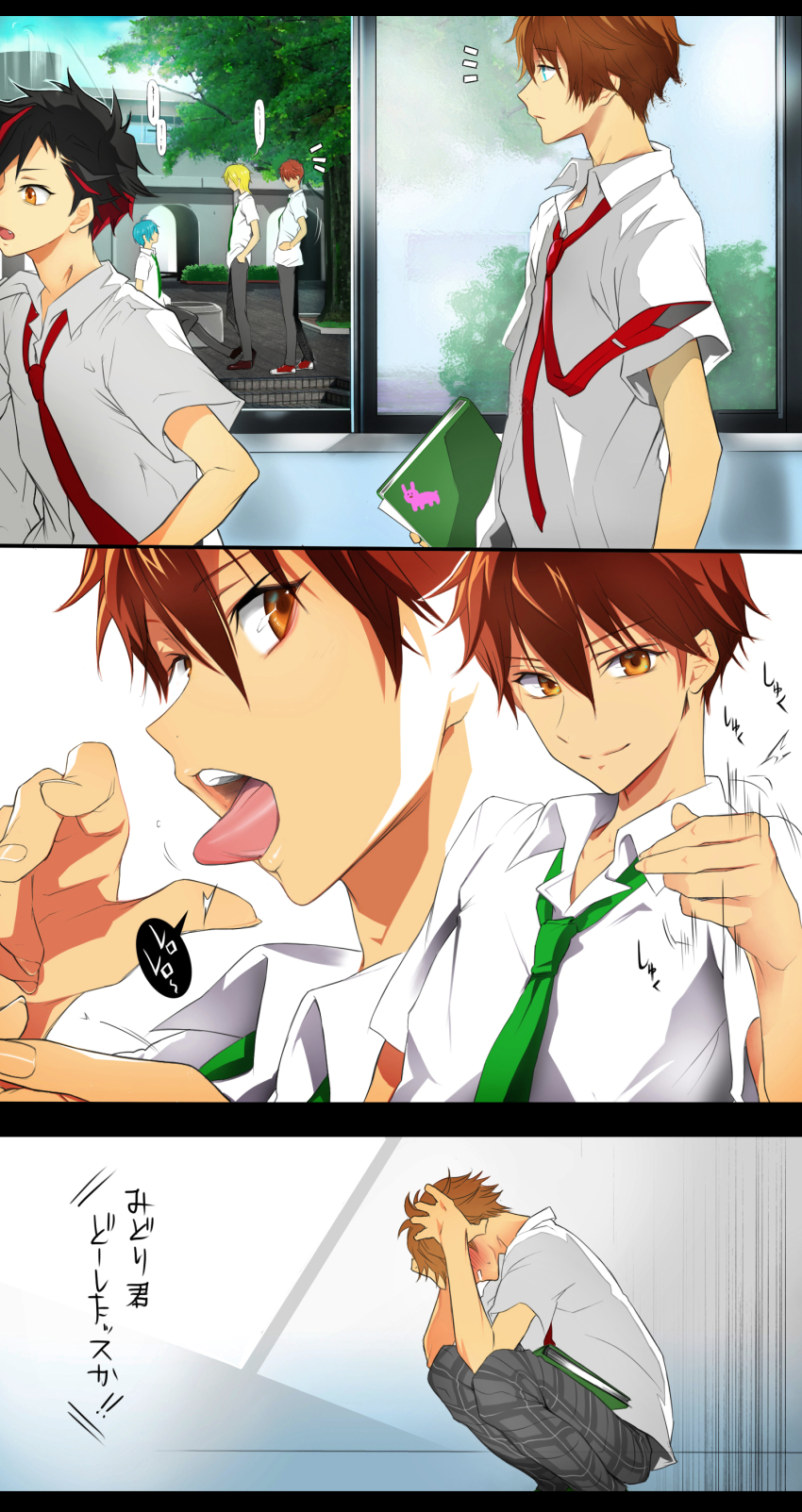 5boys, absurdres, black_hair, blonde_hair, brown_hair, ensemble_stars!, fang, fellatio_gesture, handjob_gesture, highres, kei1_833, male_focus, morisawa_chiaki, multiple_boys, nagumo_tetora, necktie, open_mouth, oral_invitation, oral_simulation, pants, plaid_clothes, plaid_pants, ryuseitai_(ensemble_stars!), school_uniform, sengoku_shinobu, sexually_suggestive, shinkai_kanata, smile, takamine_midori, tongue, tongue_out, yaoi, yumenosaki_school_uniform