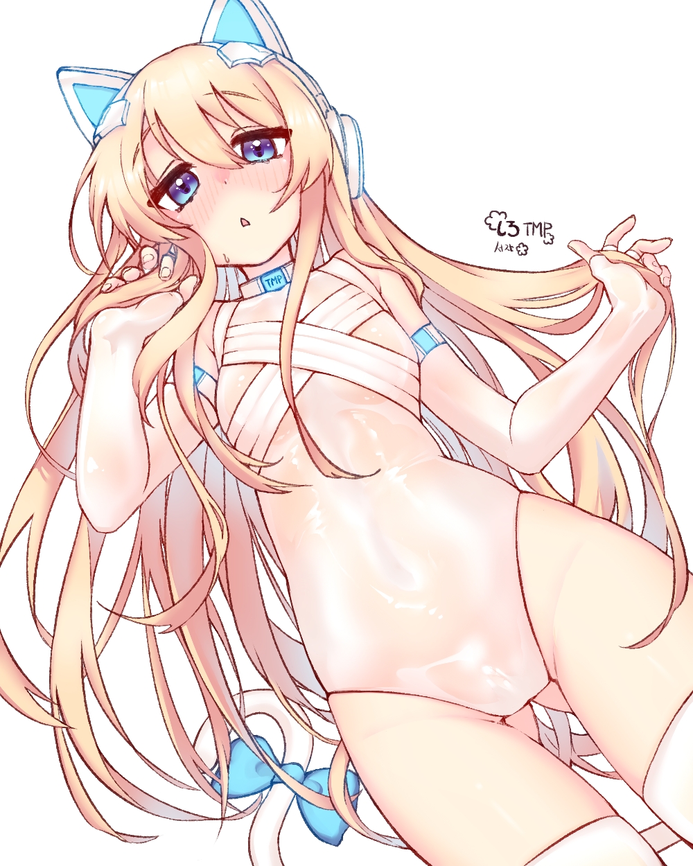 1girl, animal_ears, arm_at_side, blonde_hair, blue_eyes, blush, bodysuit, bow