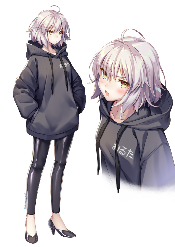 1girl, ahoge, alternate_costume, black_pants, black_sweater, casual, collarbone, commentary_request