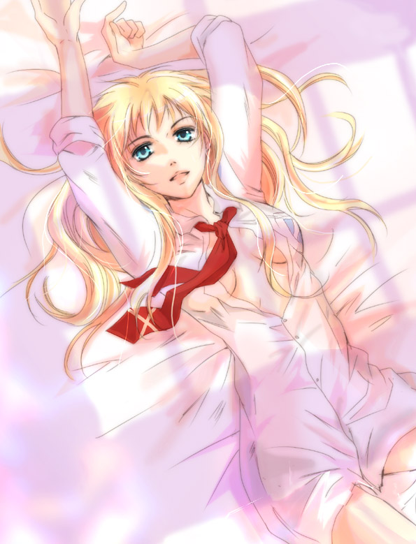 00s, 1girl, akebi_(kakuri), arms_up, blonde_hair, blue_eyes, breasts, female_focus