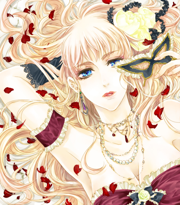 00s, 1girl, animal, arm_garter, bad_id, bad_pixiv_id, blonde_hair, blue_eyes, breasts, bug, butterfly, cleavage, collarbone, domino_mask, expressionless, eye_mask, female_focus, flower, flying, frills, insect, kyouko_(pixiv), kyouko_(roughplus), lipstick, long_hair, looking_at_viewer, lying, macross, macross_frontier, makeup, mask, on_back, petals, sheryl_nome, solo, unworn_mask, wings