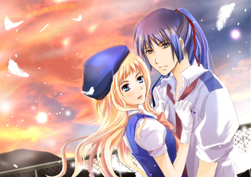 00s, 1boy, 1girl, akebi_(kakuri), bad_id, bad_pixiv_id, feathers, gloves