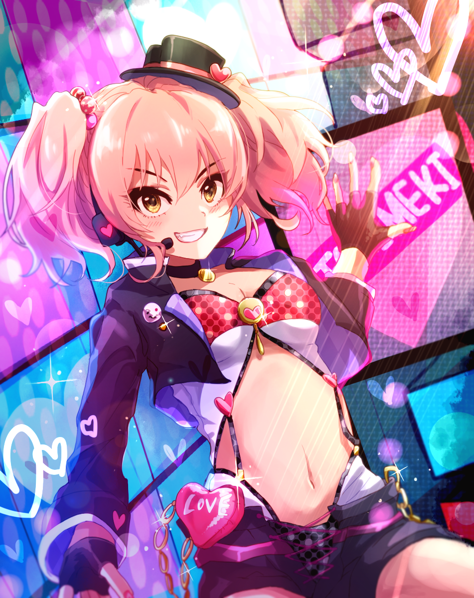 1girl, anaroguya, black_gloves, black_hat, black_panties, black_shorts, breasts, cleavage, female_focus, fingerless_gloves, gloves, grin, hair_between_eyes, hair_ornament, hat, headset, heart, highres, idolmaster, idolmaster_cinderella_girls, jougasaki_mika, looking_at_viewer, medium_breasts, midriff, nail_polish, navel, open_clothes, open_shorts, panties, pink_hair, pink_nails, short_shorts, shorts, smile, solo, standing, stomach, suspenders, twintails, underwear, yellow_eyes