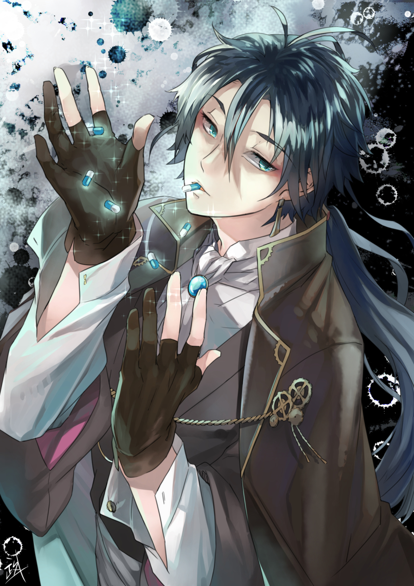 1boy, akutagawa_ryuunosuke, black_gloves, black_hair, blue_eyes, blue_hair, bungou_to_alchemist, cape