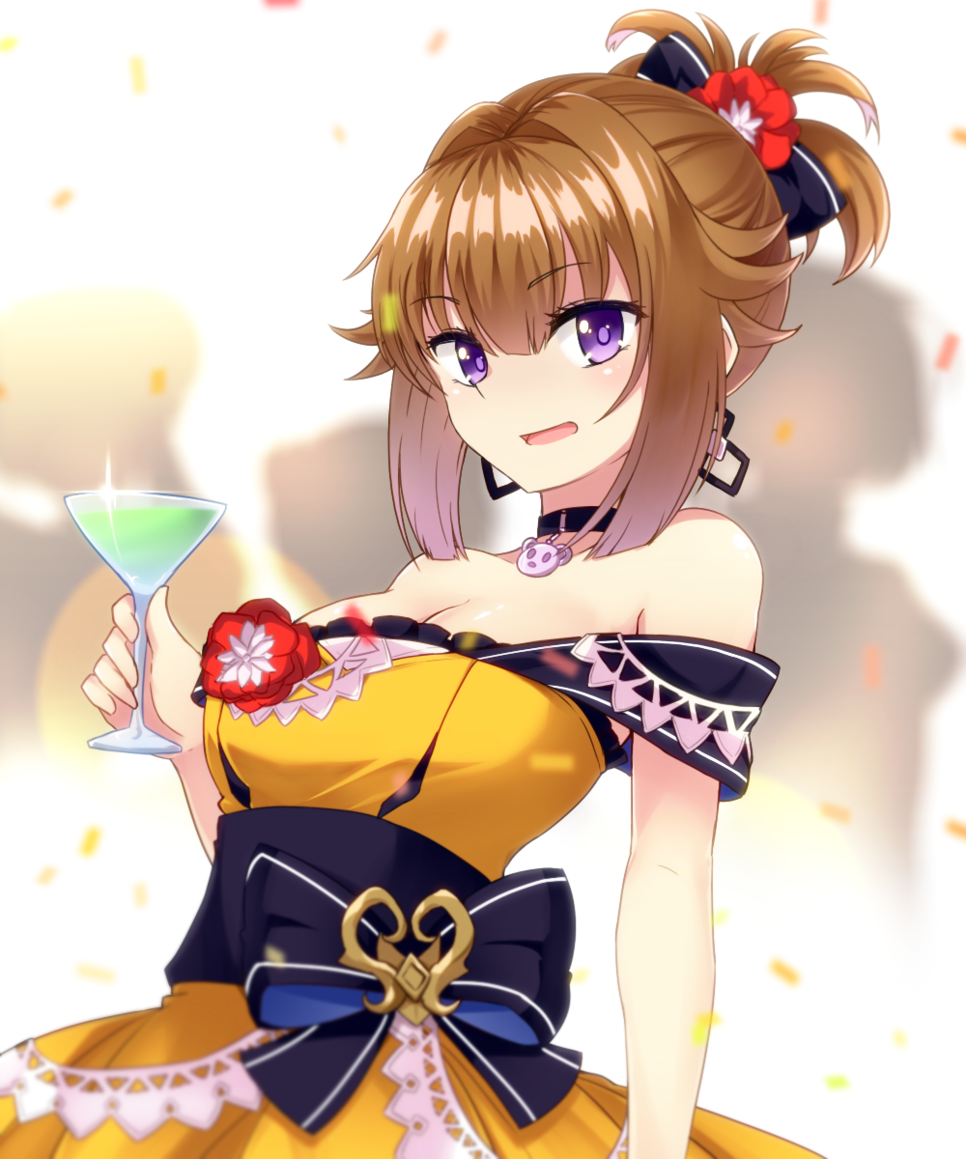 1girl, artist_request, brown_hair, cocktail_glass, cup, dress, drinking_glass, female_focus
