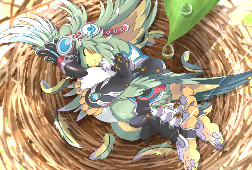 1girl, bad_id, bad_pixiv_id, bird, claws, closed_eyes, commentary_request, egg, feather_hair, feathers, female_focus, finch_(xenoblade), fur_collar, gem, goggles, goggles_on_head, hat, long_hair, monster_girl, nintendo, s_k_nyanpako, sleeping, smile, solo, talons, toeless_legwear, xenoblade_chronicles_(series), xenoblade_chronicles_2