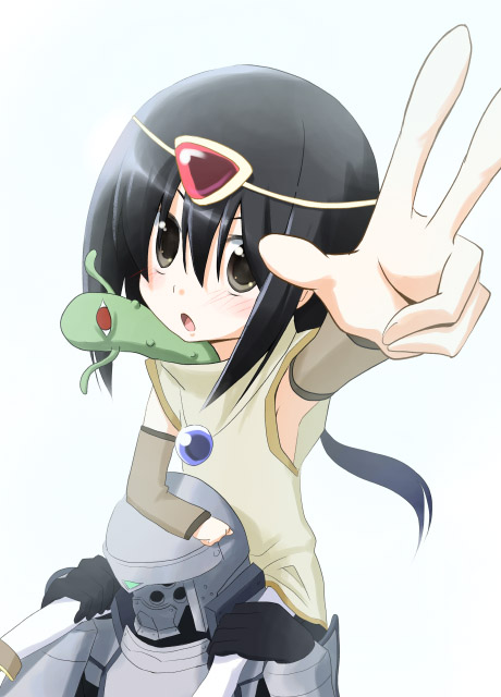 1girl, :o, armor, black_hair, circlet, cowboy_shot, druaga_no_tou, from_above